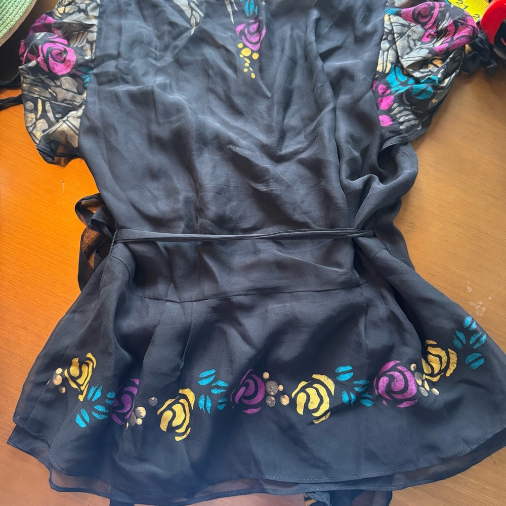 Nanette Lepore Black Floral Wrap Top - Pink, Teal, Yellow - Picture 4 of 6